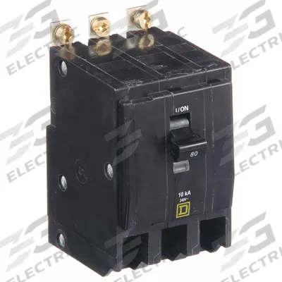 SQUARE D Miniature Circuit Breaker: 80 A, 120/240V AC, Three Phase, 10kA at 120/240V AC - QOB Series, Bolt-On Square D Miniature Circuit Breakers