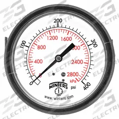 WINTERS Panel-Mount Pressure Gauge: U-Clamp, 0 psi to 400 psi, 3 1/2 in Dial, 1/4 in NPT Male, IP52 (MPN P9U901462UC). Key specifications — Accuracy: ±2-1-2%; Brand: WINTERS; Vibration Resistance Properties: Dry Case Vibration-Dampened; Gauge Wetted Parts: Brass / Bronze.