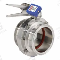 VNE Butterfly Valve: 2 1/2 in Pipe Size, Clamp, 145 psi Max. Pressure (CWP), 316 Stainless Steel, 12 (MPN 625-10854). Key specifications — Average Surface Roughness (Ra): 20RA ID/32RA OD; Brand: VNE; Stop Positions: 12; Handle Type: Lever; Body Material: 316 SS; Disc Material: 316 SS.