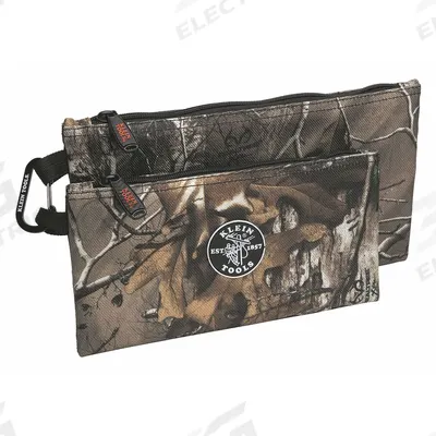 KLEIN TOOLS Tool Bag: 12 1/2 in W x 11/16 in D x 7 in H, Camouflage, Polyester, 2 Bags - Polyester Flat Zippered Tool Bags