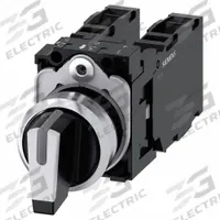 SIEMENS Selector Switch: 22 mm Panel Mounting Size, 3 Positions, Short Lever, 2NO/2NC, Metallic (MPN 3SU1150-2BL60-1LA0). Key specifications — AC Contact Rating: 10 A @ 600 V; Action: Maintained/Maintained/Maintained; Cam: No Cam Included; DC Contact Rating: 1 A @ 600 V; Hazardous Location Specification: Not Rated; Operator Head Material: Plastic; Operator Head Type: Short-Handled Knob; Operator Illumination: Illuminated.