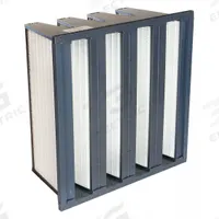 KOCH V-Bank Air Filter: 24 in x 24 in x 12 in, Fiberglass, Single Header, 4 Vs, MERV 14 (MPN 111-601-101). Key specifications — Brand: KOCH; Frame or Header Material: Plastic; Media Material: Fiberglass; Filters Out: Dirt.