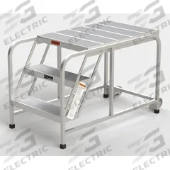 APPROVED VENDOR Mobile Work Platform: 2.5 ft Platform Ht - Max, 24 in x 35 in, Aluminum (MPN A004). Key specifications — Folding: Not Foldable; Mobility: Rolling; Use Location: Indoor; Brand: APPROVED VENDOR; Color: Silver; Height Adjustability: Fixed Height; Includes Handrails: Handrails Not Included; Locking Mechanism: No Locking Mechanism.