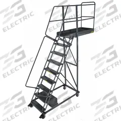 BALLYMORE Rolling Cantilever Ladder: 7.5 ft Platform Ht, Unassembled, Locking Casters, Steel (MPN CL-9-35-P). Key specifications — attr1051489: Gray; attr1051483: BALLYMORE; attr1051499: Double Handrails; attr1051504: Steel.