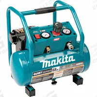 MAKITA Battery Powered Portable Air Compressor: Quiet, Oil-Less, 2 gal, Hot Dog, 1.2 cfm @ 90 psi (MPN AC001GZ). Key specifications — attr48686: Oil-Less; attr48685: 40V DC; attr48689: 1.2 cfm @ 90 psi; attr48671: MAKITA; attr124308: Quiet (less than 75 dBA).
