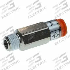 SMC Pneumatic Check Valve: Male Connector, NBR, Aluminum Alloy (Valve)/PBT (Body)/Spacer (Brass) (MPN AKH11A-N02S). Key specifications — attr291949: 1/4 in NPT; attr291950: 3/8 in Tubing; attr291957: NBR, Aluminum Alloy (Valve); PBT (Body); Spacer (Brass); attr294749: SMC.