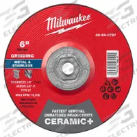 MILWAUKEE Grinding Wheel: Type 27, 6" x 1/4" x 5/8"-11, Ceramic, 24 Grit (MPN 49-94-0727). Key specifications — Brand: MILWAUKEE.