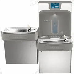 ELKAY Bi-Level Drinking Fountain with Bottle Filler: On-Wall, 8 gph @ 50°F, Touchless Sensor, Silver (MPN LZSTL8WSSP-W1). Key specifications — Brand: ELKAY; Housing Material: Stainless Steel; Filter Access: Bottom Panel Access; Housing Finish: Plain; Chilling Capacity: 8 gph @ 50°F; Housing Color: Silver.