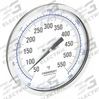 ASHCROFT Dial Thermometer: 50°F to 550°F /10°C to 290°C, ±1% Accuracy, 4 in Stem Lg, 5 in Dial Dia (MPN 50EI60R). Key specifications — Accuracy: ±1 %; Brand: ASHCROFT.
