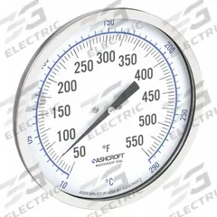 ASHCROFT Dial Thermometer: 50°F to 550°F /10°C to 290°C, ±1% Accuracy, 4 in Stem Lg, 5 in Dial Dia (MPN 50EI60R). Key specifications — Accuracy: ±1 %; Brand: ASHCROFT.