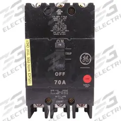 GE Molded Case Circuit Breaker: 70 A Amps, 18kA at 277/480V AC, Fixed, Lug, ABC (MPN TEYF370). Key specifications — Series: TEY; Max. AIR Rating: 18kA at 277/480V AC; Instantaneous Trip: Fixed; Terminal Connection: Lug; Phase Connection: ABC.