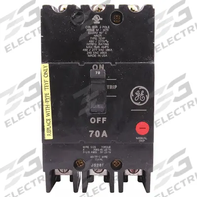 GE Molded Case Circuit Breaker: 70 A Amps, 18kA at 277/480V AC, Fixed, Lug - TEY-Frame GE Molded Case Circuit Breakers