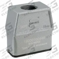 HARTING M25 Rectangular Connector Hood: Size 10 A, Top, Single-Entry, M25 Cable Entry, IP65, Gray (MPN 19200100446). Key specifications — IP Rating: IP65; Size Designation: 10 A; Cable Entry Thread Size: M25; Seal Material: NBR; Locking Type: Single Lever; Brand: HARTING; Primary Material: Aluminum; Operating Temperature Range: -40 to 125 Degrees C.