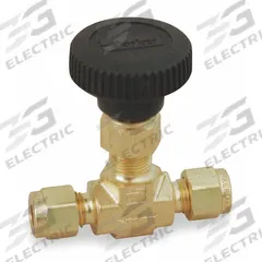 PARKER Needle Valve: Inline Valve Body, Brass, Integral Bonnet, 1/8 in Pipe Size, For Water Media (MPN 2A-V4LN-B). Key specifications — For Media: Water; Standards: ISA S75.02; Brand: PARKER; Valve Series: V4; Stem Type: Regulating; Connection Type - Side 1: Compression; Connection Type - Side 2: Compression; Connection Type: Compression x Compression.