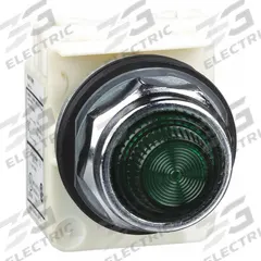 SCHNEIDER ELECTRIC Pilot Light: 30 mm Panel Mounting Size, Green, Incandescent, 9001K Series (MPN 9001KP1G31). Key specifications — Series: 9001K; Brand: SCHNEIDER; Includes Push-To-Test: No Push-To-Test Included.