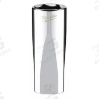 MILWAUKEE Deep Well Socket: Metric, 3/8 in Drive Size, 19 mm Socket Size, 6-Point, Deep, Chrome (MPN 45-34-0119). Key specifications — attr1204417: MILWAUKEE; attr1204392: Chrome.