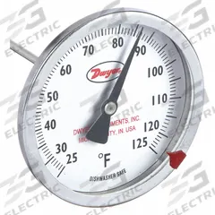 DWYER Clip On Dial Thermometer: 25°F to 125°F, +/- 2% Accuracy, 8 in Stem Lg, Fahrenheit (MPN CBT178031). Key specifications — Accuracy: +/- 2%; Brand: DWYER; Temperature Units: Fahrenheit.