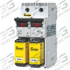 BUSSMANN Fuse Block: Finger-Safe, 2 Pole, 600 V AC, DIN Rail Mounting, Box Lug Termination (MPN CCP2-2-30CF). Key specifications — Brand: BUSSMANN.
