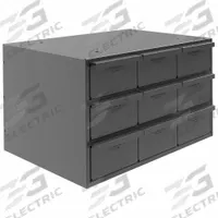 DURHAM MFG Drawer Bin Cabinet: 17 1/4 in x 12 1/4 in x 11 in, 9 Drawers, Stackable, Steel, Gray (MPN 004-95). Key specifications — Cabinet Material: Steel; Includes Dividers: Yes; Cabinet Finish: Powder Coated; Drawer Color: Gray; Cabinet Style: Drawer; Assembled: Assembled; Drawer Inside WxDxH: (9) 5-15/32 in x 11-1/4 in x 3-3/16 in; Cabinet Color: Gray.