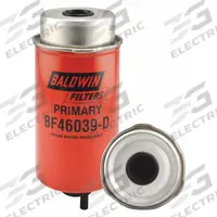 BALDWIN FILTERS Fuel/Water Separator: Cartridge, 7 3/4 in Overall Lg, 3 1/2 in Outside Dia, FS20049 (MPN BF46039-D). Key specifications — attr1137520: BF46039-D; attr1137521: FS20049; attr434022: BALDWIN FILTERS; attr427730: Cellulose; attr427731: Attached Grommet; attr1017112: Buses; attr1017113: Caterpillar.