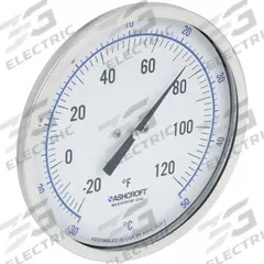ASHCROFT Dial Thermometer: -20°F to 120°F /-30°C to 50°C, ±1% Accuracy, 2.5 in Stem Lg (MPN 50EI60R). Key specifications — Accuracy: ±1 %; Brand: ASHCROFT.