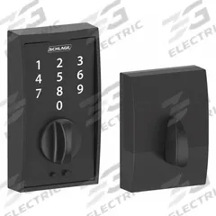 SCHLAGE RESIDENTIAL Electronic Keyless Lock: 1 3/4 in Door Thick - Max, Push Button, Black (MPN BE375 CEN 622). Key specifications — Power Source: 9V Battery.