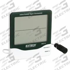 EXTECH Digital Hygrometer: 10%to 99% Humidity Range, Indoor Humidity/Indoor Temp, Cabled Sensor (MPN 445713). Key specifications — Primary Scale: Indoor Humidity/Indoor Temperature; Secondary Scale: Outdoor Humidity/Outdoor Temperature; Display Type: Digital; Brand: EXTECH.