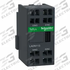 SCHNEIDER Auxiliary Contact Block: 1NO/1NC, 6 A Max Current (AC), Front Mount, Front-Mounted (MPN LADN113). Key specifications — Brand: SCHNEIDER; Compatible with Series: TeSys Deca.