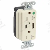 Snapconnect receptacle: Duplex, 5-20R, 2 USB Ports, USB Type A/C, Light Almond, 125V AC, 20 A (MPN SNAP8300UACLA). Key specifications — Brand: HUBBELL.