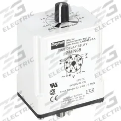 DAYTON Single Function Time Delay Relay: Socket Mounted, 12V DC, 10 A, 8 Pins/Terminals, Interval (MPN 24EN68). Key specifications — Brand: DAYTON.