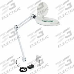 APPROVED VENDOR Round Magnifier Light: LED, 2.25x, 5 Diopter, 678 lm Max Brightness, 34 in Arm Reach (MPN 32PE52). Key specifications — Arm Material: Steel; Brand: APPROVED VENDOR; Magnification: 2.25x; ESD Safe: No; Lens Material: Glass; Lighting Technology: LED; Operating Voltage: 100 to 240V AC; Includes Ultraviolet Light: No.