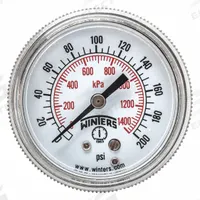 WINTERS Panel-Mount Pressure Gauge: U-Clamp, 0 psi to 200 psi, 2 in Dial, 1/8 in NPT Male, P9U 90, 5 (MPN P9U901426UC). Key specifications — Accuracy: ±2-1-2%; Brand: WINTERS; Vibration Resistance Properties: None; Gauge Wetted Parts: Brass / Bronze.