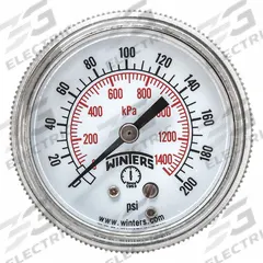 WINTERS Panel-Mount Pressure Gauge: U-Clamp, 0 psi to 200 psi, 2 in Dial, 1/8 in NPT Male, P9U 90, 5 (MPN P9U901426UC). Key specifications — Accuracy: ±2-1-2%; Brand: WINTERS; Vibration Resistance Properties: None; Gauge Wetted Parts: Brass / Bronze.