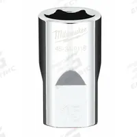 MILWAUKEE Standard Socket: Metric, 1/2 in Drive Size, 15 mm Socket Size, 6-Point, Std, Chrome (MPN 45-34-9116). Key specifications — attr1204417: MILWAUKEE; attr1204392: Chrome.
