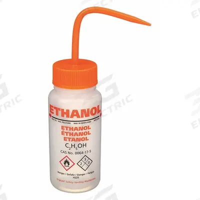 DYNALON Wash Bottle: 250 mL, Ethanol, Orange, Wide, Std Spout Spout, Colorless - Wide Mouthed Standard Spout Wash Bottles