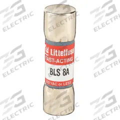LITTELFUSE Fuse: BLS Series, Midget, Fast-Acting, 8 A, 250 V AC, 13/32 in x 1 3/8 in, Non-Indicating (MPN BLS008). Key specifications — attr1287209: BLS; attr211192: LITTELFUSE.