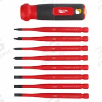 MILWAUKEE Multi-Bit Screwdriver: Phillips/Slotted/Square Tip, 8 Tips, 12 1/2 in Overall Lg, Long Lg (MPN 48-22-2218). Key specifications — attr1205339: SQ2; attr1205303: MILWAUKEE.