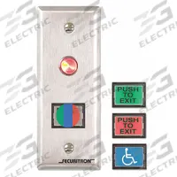 SECURITRON Exit Push Button: 4 1/2 in Ht, 5/8 in Dp, 1 3/4 in Wd, ADA Compliant, Green/Red (MPN PB3N). Key specifications — Color: Green; Product Type: Exit Push Button; Operation Type: Push Button; ADA Compliant: Yes; Brand: SECURITRON.