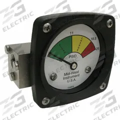 MIDWEST INSTRUMENT 3-Color Differential Pressure Indicator: 1,000 psig Max. Static Pressure, 522 (MPN 522S-025). Key specifications — Brand: MIDWEST INSTRUMENT; Accuracy: ±5% of Full Scale; Sensor Material: Buna-N; Housing Material: Stainless Steel; Transition Points: 0 psid to 11 psid (Green) / 11 psid to 18.5 psid (Yellow) / 18.5 psid to 25 psid (Red).