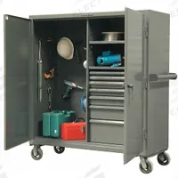STRONG HOLD Storage Cabinet: Casters, 60 in x 24 in x 67 3/4 in, Swing, Padlock Hasp, 2 Shelves, Adj (MPN 55-242-7/5DB-CA). Key specifications — Frame Assembled: Assembled; Cabinet Finish: Baked Enamel; Cabinet Material: Steel; Base Type: Casters; Cabinet Color: Dark Gray; Shelf Adjustability: Adjustable; Cabinet Storage Components: Drawers; Brand: STRONG HOLD.