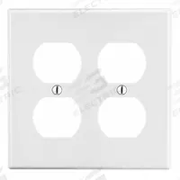 HUBBELL Wall Plate: Duplex Outlet, 2 Gang, White, Std Size (MPN P82W). Key specifications — Brand: HUBBELL; Material: Polycarbonate.