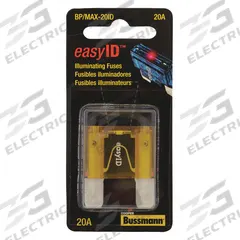 BUSSMANN Automotive Fuse: MAX Series, Fast-Acting, 20 A, 32 V DC, Indicating (MPN BP/MAX-20ID). Key specifications — Series: MAX; Brand: BUSSMANN; Fuse Profile: Standard Profile.