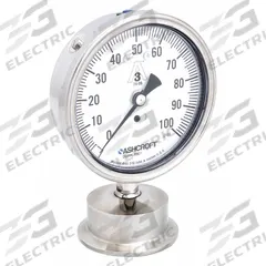 ASHCROFT Pressure Gauge: 0 psi to 100 psi, 3 1/2 in Dial, 2 in Tri-Clamp, Bottom, ±1.50% Accuracy (MPN 35-1032S-20L-100). Key specifications — Brand: ASHCROFT; Case Material: 316L Stainless Steel; Lens Material: Polycarbonate; Pressure Gauge Type: Sanitary Pressure Gauge; Accuracy: ±1.50%; Includes Calibration Certificate: No; Series: 1032S; Vibration Resistance: Water Resistant.