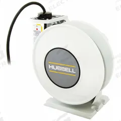 HUBBELL WIRING DEVICE-KELLEMS Extension Cord Reel: Ratchet Lock, 45 ft Cord Lg, 12 AWG, SJO, White (MPN HBLI45124). Key specifications — Retractable Cord Ending NEMA Configuration: Bare Wire; Brand: HUBBELL WIRING DEVICE-KELLEMS.