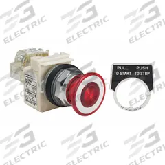 SCHNEIDER Mushroom Head Push Button: Illuminated, Mushroom Head Profile, Non-Metallic, 30 mm, SPDT (MPN 9001KR9P38LRRH13). Key specifications — Brand: SCHNEIDER; Action: Maintained; Series: 9001K; Push Button Material Type: Non-Metallic.