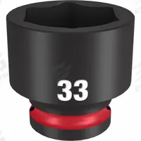 MILWAUKEE Standard Impact Socket: 1/2 in Drive Size, Metric, 33 mm Socket Size, 6-Point, Std (MPN 49-66-6265). Key specifications — attr1215501: MILWAUKEE; attr1215515: Black Phosphate; attr1215518: 33 mm.