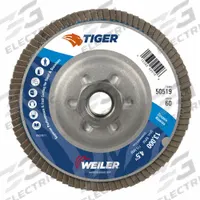 WEILER Flap Disc: Type 29, 4-1/2" x 5/8"-11, Zirconia Alumina, 60 Grit, Aluminum Bk, Std Density (MPN 50519). Key specifications — Connector Size: 5/8"-11; Series: Tiger Aluminum Back; Brand: WEILER.