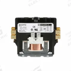 SQUARE D Definite Purpose Magnetic Contactor: 2 Poles, 480V AC, 30 A, Non-Reversing (MPN 8910DP32V06). Key specifications — Brand: SQUARE D; Coil Voltage: 440/480V AC; Contactor Style: HVACR Definite Purpose Contactor; Terminal Connection Type: Quick-Disconnect Terminals; Maximum Voltage Rating: 600V AC; Series: 8910 Series Type DP; Phase: Single; Main Pole Contact Form: 2NO.