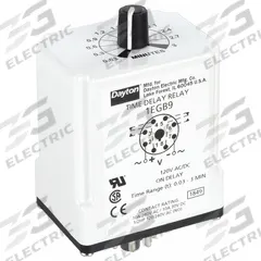 DAYTON Single Function Time Delay Relay: Socket Mounted, 120V AC/DC, 10 A, 8 Pins/Terminals (MPN 1EGB9). Key specifications — Brand: DAYTON.