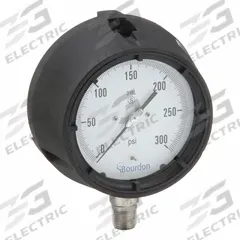 BOURDON Panel-Mount Pressure Gauge: 0 psi to 300 psi, White, 4 1/2 in Dial, 1/2 in NPT Male, Bottom (MPN MPG6-A60.H25). Key specifications — Brand: BOURDON; Pointer Color: Black; Accuracy: ±0.5%; Dial Color: White; Gauge Wetted Parts: Stainless Steel; Case Material: Plastic; Vibration Resistance Properties: None; Pressure Range: 0 psi to 300 psi.
